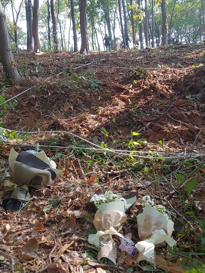 [저작권 한국일보] 화성연쇄살인사건의 피의자 이춘재가 자신이 살해했다고 자백한 ‘화성 실종 초등생’ 유골 수색이 진행된 1일 오전 경기 화성시 한 근린공원 수색 현장에 피해자 김모양의 유가족이 헌화한 꽃다발과 사탕이 놓여 있다. 화성=정준기 기자/2019-11-01(한국일보)