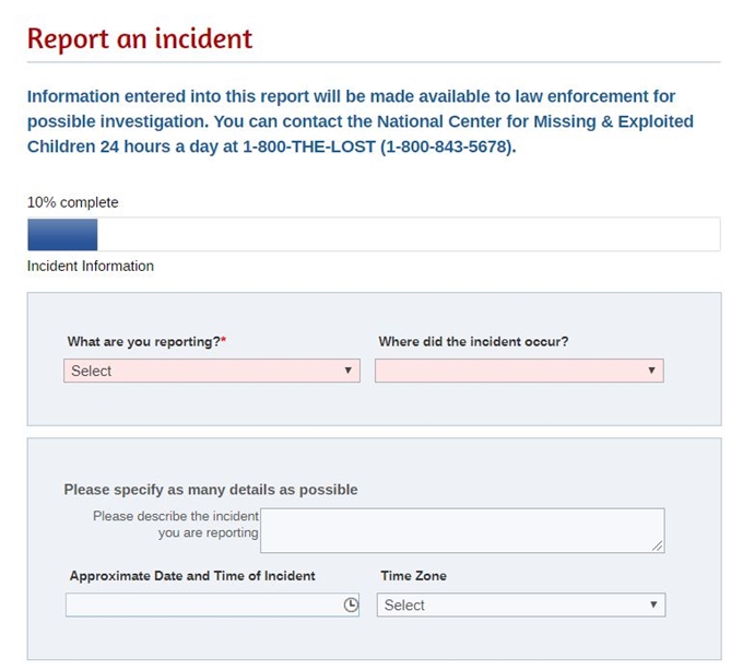 국립미국실종아동센터(NCMEC)가 운영하는 아동, 청소년 대상 성착취 신고 체계인 사이버팁라인 신고 화면. 인터넷 주소 등을 입력해 쉽게 신고할 수 있다. NCMEC 홈페이지 캡처