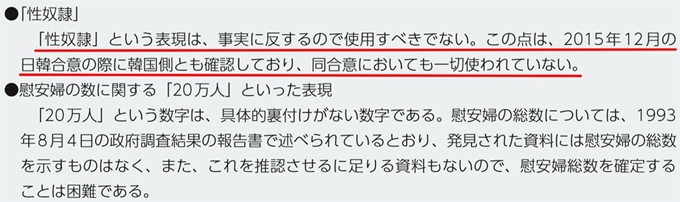 일본 외무성이 펴낸 2019년 외교청서의 일본군 위안부 문제에 관한 코너에 "'성노예'라는 표현은 사실에 반하므로 사용해서는 안 된다. 이런 점은 2015년 12월 일한 합의 때 한국 측도 확인했으며 동 합의에서도 일절 사용되지 않았다"고 기록(붉은 밑줄)돼 있다. 도쿄= 연합뉴스