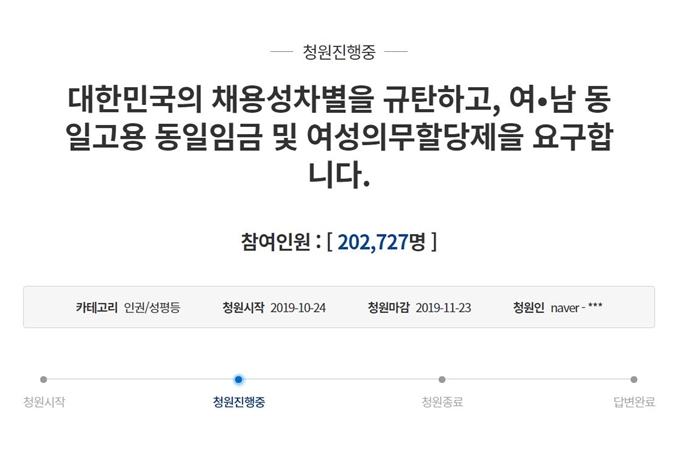 ‘대한민국의 채용성차별을 규탄하고, 여ㆍ남 동일고용 동일임금 및 여성의무할당제을 요구합니다’ 청원. 청와대 국민청원 사이트 캡처