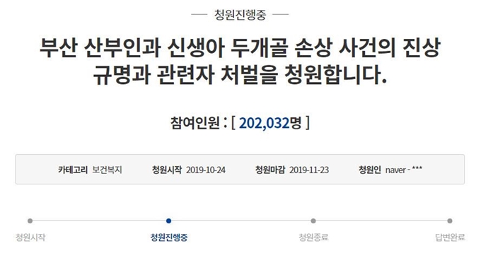 부산 한 산부인과에서 두개골에 손상을 입고 중태에 빠진 신생아 사건을 철저히 조사해 달라는 아기 아빠의 청원 글에 19일 20만명이 넘는 사람이 동의했다. 청와대 홈페이지 청원 게시판 캡처