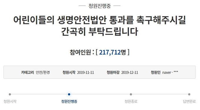 지난 11일 ‘어린이들의 생명안전법안 통과를 촉구해주시길 간곡히 부탁드립니다’라는 제목으로 올라온 이 청원에는 20일 오후 현재 21만 5,000명이 넘는 이들이 동의했다. 청와대 홈페이지 캡처