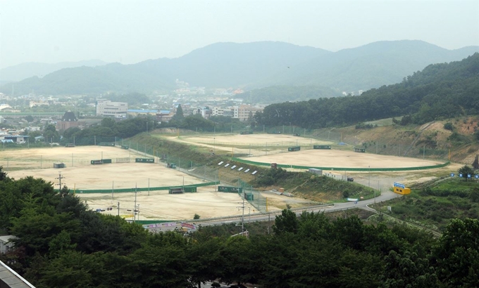 시설개선 이전 '맨땅 구장'으로 오명을 얻었던 천안생활체육야구장. 한국일보