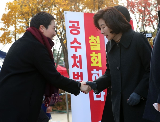 황교안 자유한국당 대표가 엿새째 청와대 앞에서 단식농성 중인 가운데 25일 청와대 분수대 앞 농성장으로 이언주 무소속 의원이 찾아와 나경원 원내대표와 인사를 나누고 있다. 뉴시스