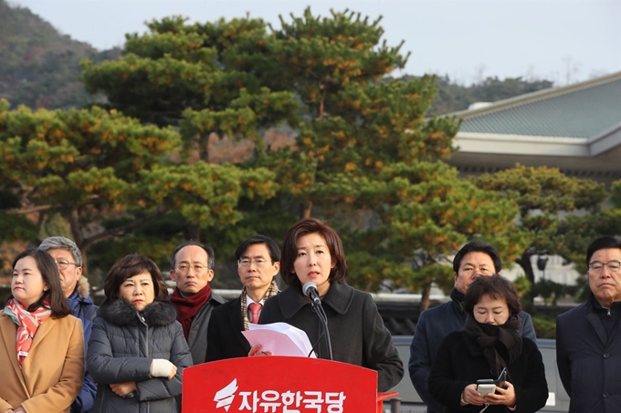 나경원 자유한국당 원내대표가 25일 청와대 분수대 앞에서 열린 최고위원회의에서 발언하고 있다. 황교안 대표는 인근에서 엿새째 단식 농성을 이어가고 있다. 연합뉴스