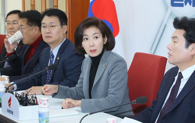 나경원 자유한국당 원내대표가 27일 국회에서 열린 원내대표-중진의원 회의에서 발언하고 있다. 연합뉴스