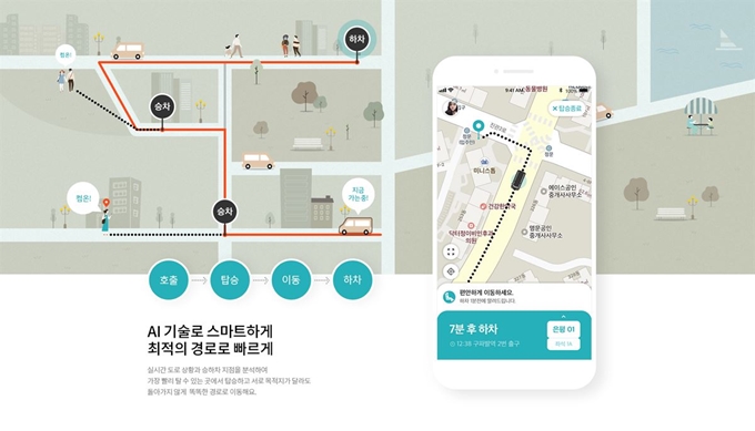 인공지능 기술을 적용해 대기시간 최소화, 최적화된 경로, 정확한 도착시간을 제공하는 현대차-KST모빌리티 ‘커뮤니티형 이동서비스’ 프로젝트. 현대자동차 제공