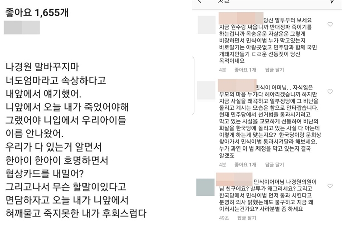 스쿨존 교통사고로 숨진 고(故) 김민식군의 어머니가 자신의 인스타그램에 올린 글과 해당 글에 달린 댓글들. 온라인 커뮤니티 캡처