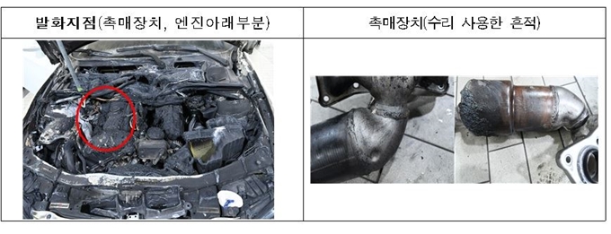 328i 모델 화재 발생 위치와 원인. 국토부 제공