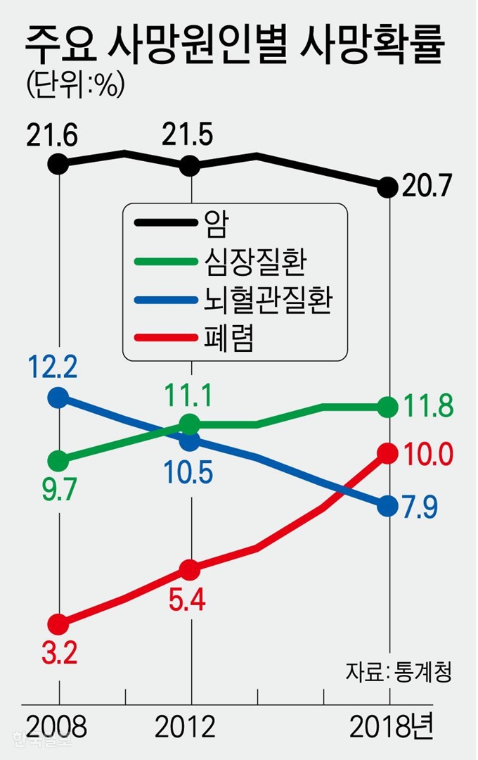 [저작권 한국일보]주요 사망원인별 사망확률. 그래픽=강준구 기자