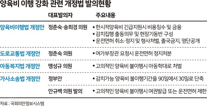 [저작권 한국일보] 양육비 이행 강화 관련 개정법 발의 현황. 그래픽=송정근 기자