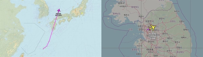 6일 군용기 추적 사이트 '에어크래프트 스폿'이 공개한 한반도 인근 미 공군 정찰기 비행 항적. 일본 오키나와를 출발한 RC-135S(왼쪽 지도) 정찰기는 동해상으로 이동한 궤적이 포착됐고 수도권 상공에서도 RC-135V의 항적이 기록에 남았다. 에어크래프트 스폿 트위터 캡처