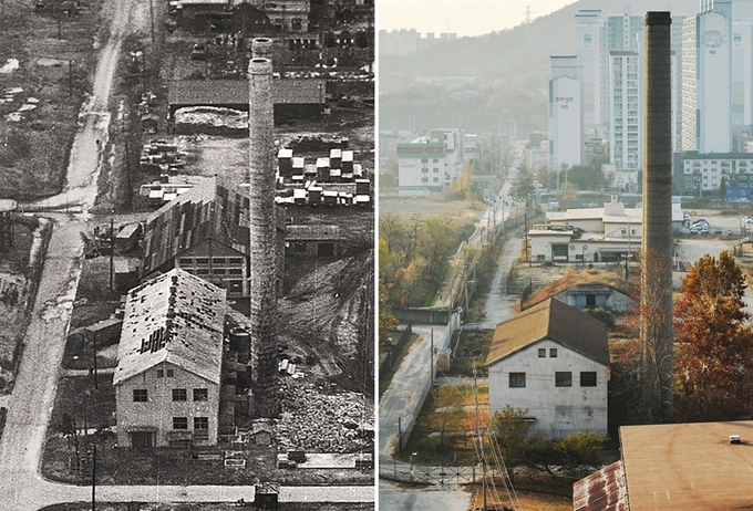 1954년 미군이 애스컴시티를 촬영한 항공사진(왼쪽)과 지난달 26일 인근 아파트 옥상에서 촬영한 캠프 마켓 사진.