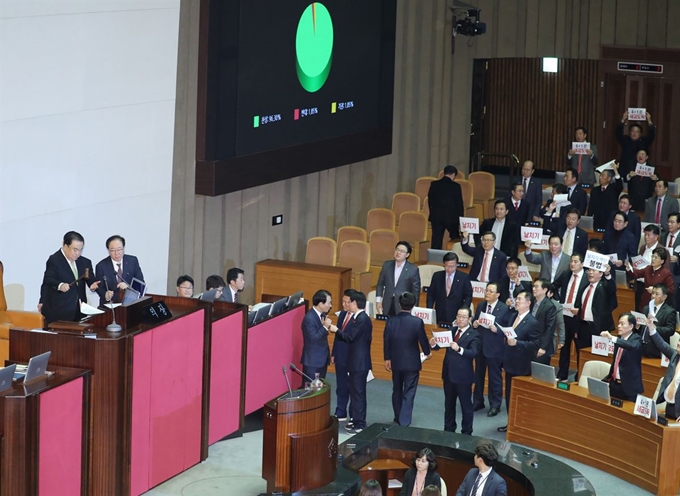 문희상 국회의장이 10일 오후 국회 본회의에서 내년도 예산안을 의결하고 있다. 연합뉴스