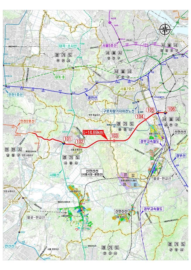 인천2호선 연장선 연구용역 결과 독산연장선이 가장 최적 노선으로 꼽혔다. 독산연장선 위치도. 시흥시 제공