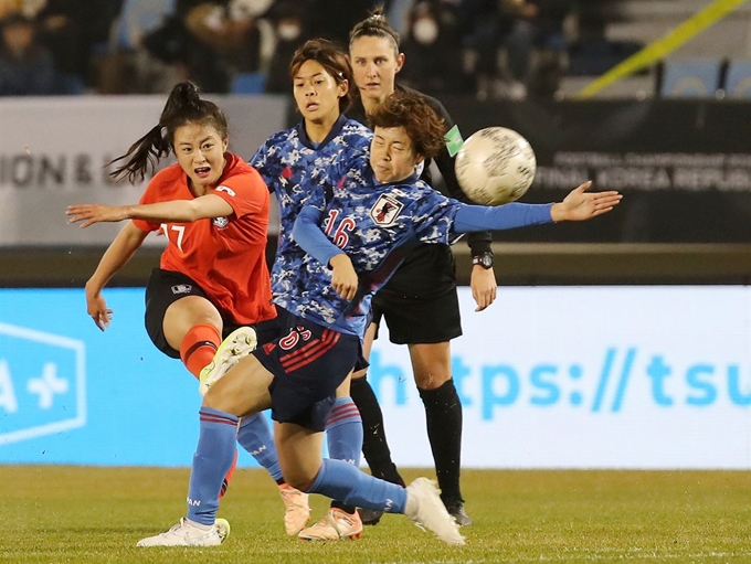 한국 여자축구 대표팀의 최유리가 17일 부산 구덕운동장에서 열린 2019 동아시아축구연맹 동아시안컵(EAFF E-1) 챔피언십 대회 일본전에서 슛을 시도하고 있다. 부산=뉴스1