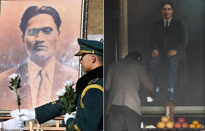 [저작권 한국일보] 윤봉길 의사 순국 87주기를 맞아 19일 서울 용산구 효창공원 윤봉길 의사 묘역에서 열린 추모식에서 의장병이 헌화를 돕고 있다(왼쪽). 비슷한 시간 사단법인 효창원 7위선영기념사업회 회원들이 효창공원 의렬사 내에 있는 윤봉길의사 영정 앞에 제례 상을 차리고 있다. 왕태석 선임기자