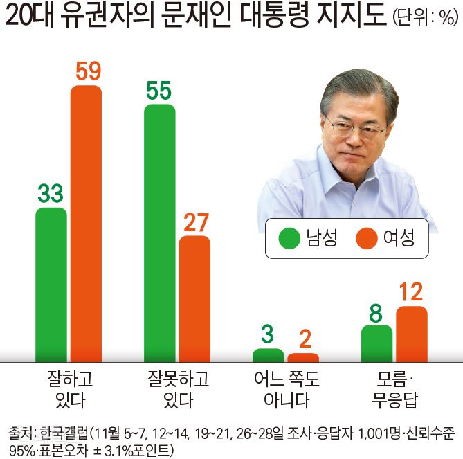 20대 유권자의 문재인 대통령 지지도. 그래픽=김문중 기자