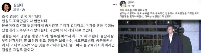 조국 전 법무부 장관이 구속 위기에서 벗어난 것을 두고 비판에 나선 자유한국당 김진태(왼쪽)의원과 신보라 의원의 사회관계망서비스(SNS). 김진태, 신보라 의원 페이스북 캡처