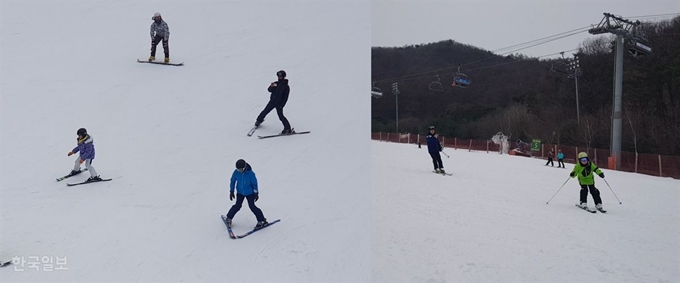 지난 5일 경기지역의 한 스키장에서 일부 스키어가 활강하는 아이를 뒤따라가며 휴대폰으로 영상을 촬영하고 있다. 김정원 기자