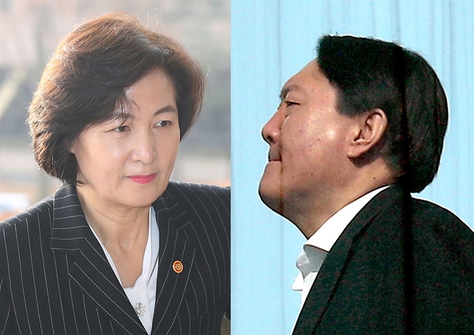 10일 오전 추미애 법무부 장관(왼쪽)이 경기도 정부과천청사 내 법무부로 출근하고 있다. 이날 오후 윤석열 검찰총장이 서울 서초구 대검찰청에서 구내식당으로 향하고 있다. 연합뉴스