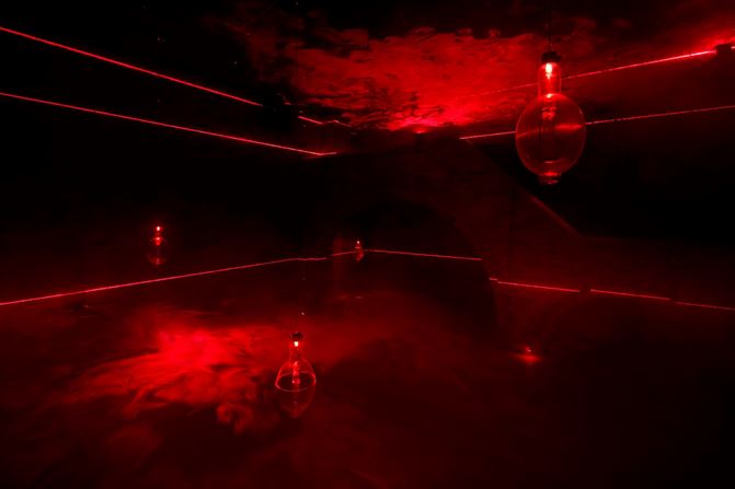 부지현, Ultimate Space, 2018, LED, junk fishing lamps, motor, fog machine, laser, Dimensions variable