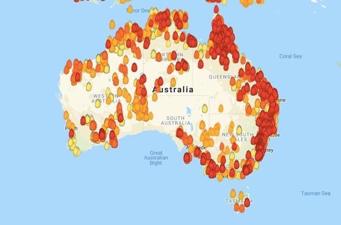 호주 정부가 운영하는 웹사이트인 ‘마이파이어와치(MyFireWatch)’에 공개된 사진. 화재 현장이 아닌 ‘열원(heat source)’을 표기한 것이다. 마이파이어와치 캡처