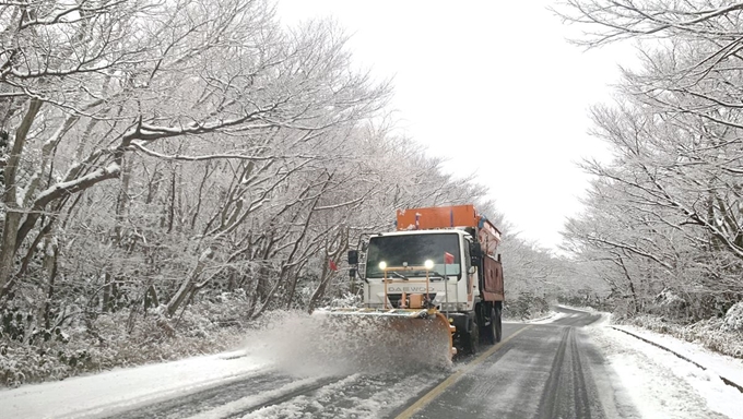 제주 산지에 대설주의보가 내려진 14일 오전 제설차량이 한라산 영실 입구 도로에서 눈을 치우고 있다. 연합뉴스