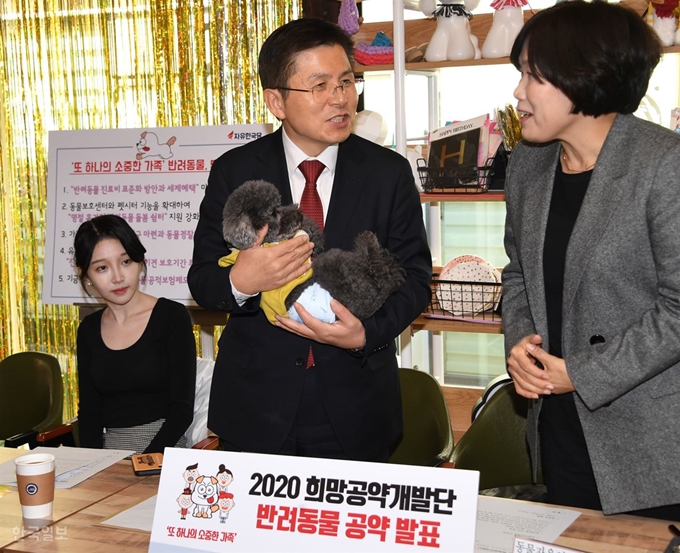 황교안 자유한국당 대표가 21일 오후 서울 마포구 반려견 동반카페 마포다방에서 열린 ''2020 희망공약개발단 반려동물 공약' 발표에서 강아지를 안고 있다.오대근 기자