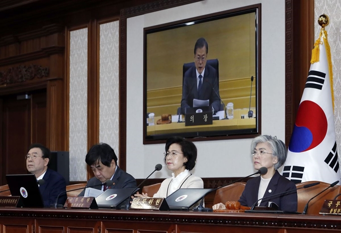 추미애(왼쪽 세번째) 법무부 장관을 비롯한 국무위원들이 21일 서울 세종로 정부서울청사에서 열린 영상 국무회의에 참석해 문재인 대통령의 모두 발언을 듣고 있다. 연합뉴스