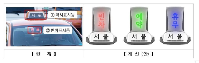 현재 택시표시등(왼쪽)과 서울시가 교체를 추진중인 택시표시등 이미지.