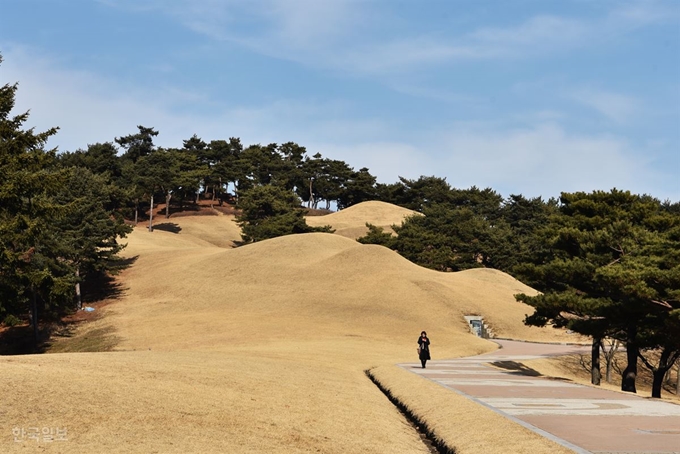 송산리 백제 고분군. 무령왕릉을 비롯해 7기의 무덤이 있다.