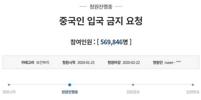 23일 청와대 국민청원에 올라온 ‘중국인 입국 금지 요청’ 청원은 29일 오전 현재 56만명 이상이 동의했다. 청와대 홈페이지 국민청원 게시판