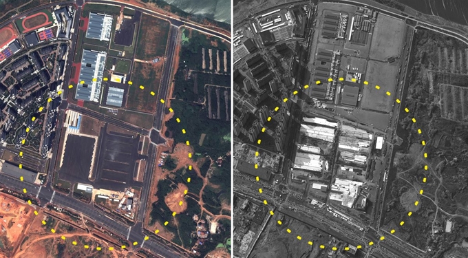 신종 코로나바이러스감염증이 확산하고 있는 가운데 중국 당국이 후베이성 우한시 외곽에 건설 중인 응급 격리 병원이 착공 일주일만에 윤곽이 드러났다. 2019년 8월 3일과 2020년 1월 29일 같은 장소를 촬영한 MAXAR의 위성 이미지가 확연한 차이를 보인다. 로이터 연합뉴스