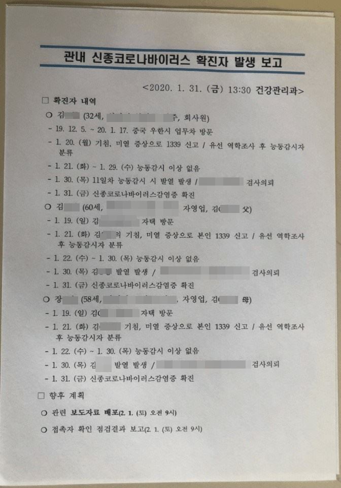 경기 남부권역 기초단체 일부 지역에 신종코로나바이스러스 확진자가 나왔다는 가짜 뉴스가 확산되고 있다. 지자체 공문형태의 내용이 담긴 가짜뉴스 내용. 인터넷 커뮤니티 캡처