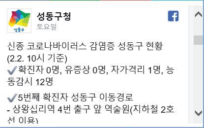 성동구가 지난 1일 구청 홈페이지 등에 공개한 신종 코로나바이러스 확진자 경유지를 공개했다. 성동구청 제공