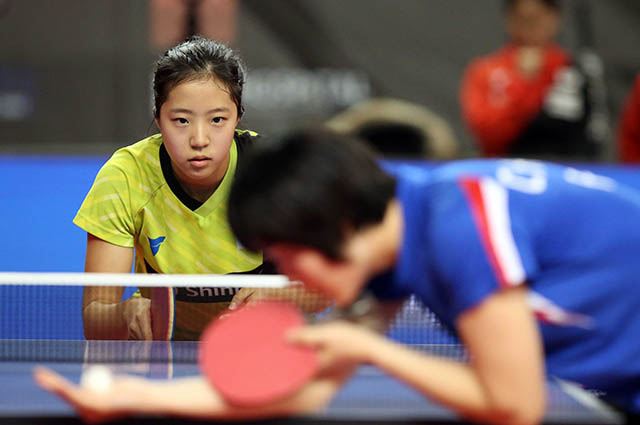 신유빈이 지난달 24일 포르투갈 곤도마르에서 끝난 북한과의 국제탁구연맹(ITTF) 2020 도쿄올림픽 세계 단체예선전 에서 북한과 대결하고 있다. 대한탁구협회 제공