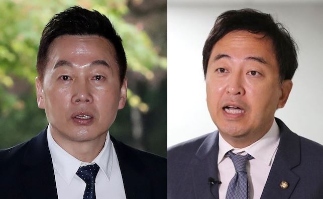 금태섭(오른쪽) 더불어민주당 의원의 지역구인 서울 강서갑에 총선 출마 의사를 밝힌 정봉주 전 의원. 연합뉴스