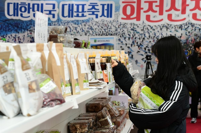 5일 강원 화천군 화천천에서 열리고 있는 산천어축제장에서 고향이 화천인 대학생들이 어려움을 겪는 축제를 돕기 위해 농산물 소비운동 캠페인을 벌였다. 화천군 제공