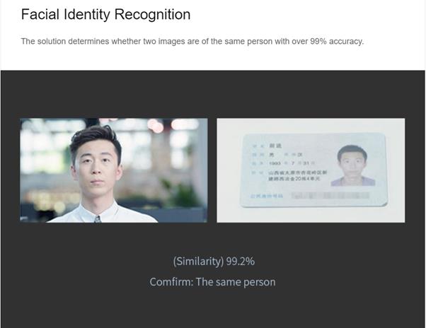 각도도, 화질도 다른 두 사진 속 남성이 99.2%의 확률로 같은 사람임을 센스타임의 AI가 확인하고 있다. 센스타임의 얼굴인식 기술은 전세계에서 가장 뛰어난 것으로 평가 받고 있다. 센스타임 홈페이지 캡처