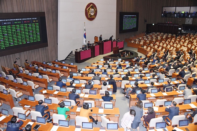 [저작권 한국일보] 지난해 12월 30일 국회 본회의에서 공수처 설치법안이 표결처리되고 있다. 오대근기자