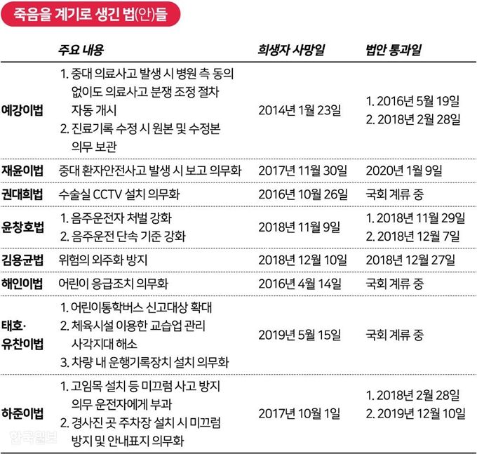 죽음을 계기로 생긴 법(안)들. 그래픽=강준구 기자