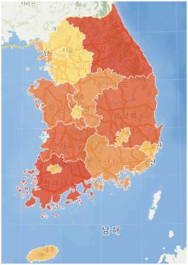 * 인구천명 당 주택 수(색이 짙을수록 주택 수↑), 자료:인구주택총조사, 통계청