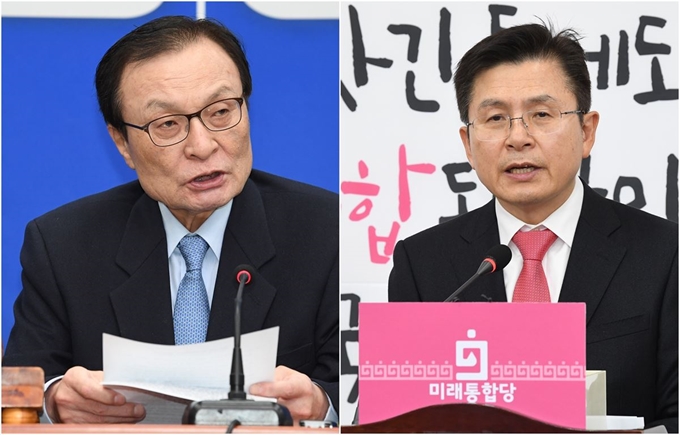 이해찬 더불어민주당 대표가 19일 국회에서 열린 최고위원회의에서 모두 발언을 하고 있다(왼쪽사진).황교안 미래통합당 대표가 19일 오후 국회에서 우한 폐렴관련 긴급 기자회견을 열고 있다. 배우한 기자