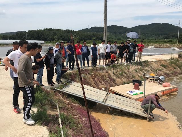 지난해 9월 양식학교 왕새우반이 충남 서산의 한 새우양식장을 견학했다. 신안군 제공