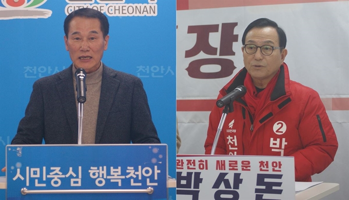 왼쪽부터 미래통합당 천안시장 보궐선거 도병수, 박상돈 예비후보자.