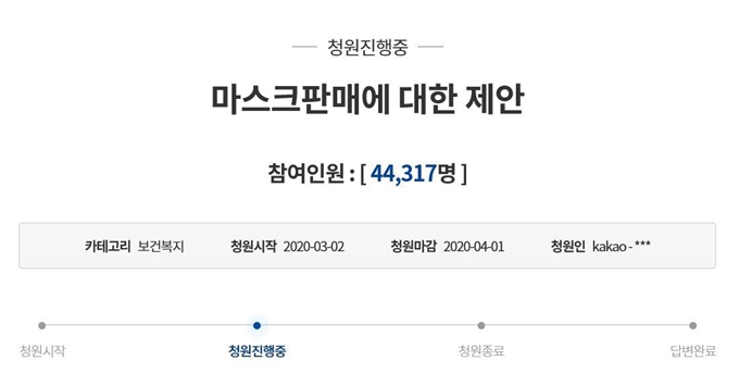 2일 청와대 국민청원 게시판에 공개된 마스크 판매 관련 제안 글이 공개 당일 동의자 4만명을 넘어섰다. 청와대 국민청원 게시판 캡처