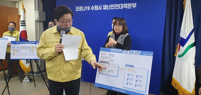 염태영 수원시장은 4일 오후 브리핑을 열고 수원시 생명샘교회 지역사회 감염 확산차단 관련해 감염 경로 등에 대해 설명하고 있다. 임명수 기자