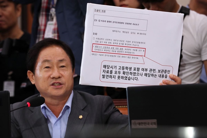 주광덕 미래통합당 의원이 지난해 9월 6일 오전 열린 국회 법사위 조국 법무부 장관 후보자 인사청문회에서 조 전 장관에게 질문을 하고 있다. 연합뉴스