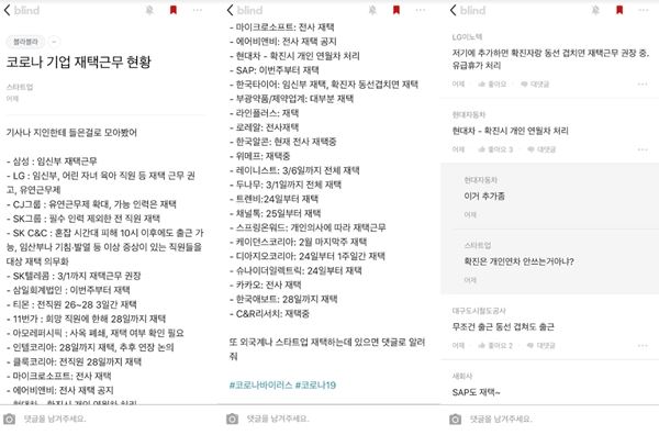 직장인 익명 커뮤니티 앱 블라인드에 지난달 말 게시된 ‘코로나 기업 재택 근무 현황’ 글. 블라인드 제공